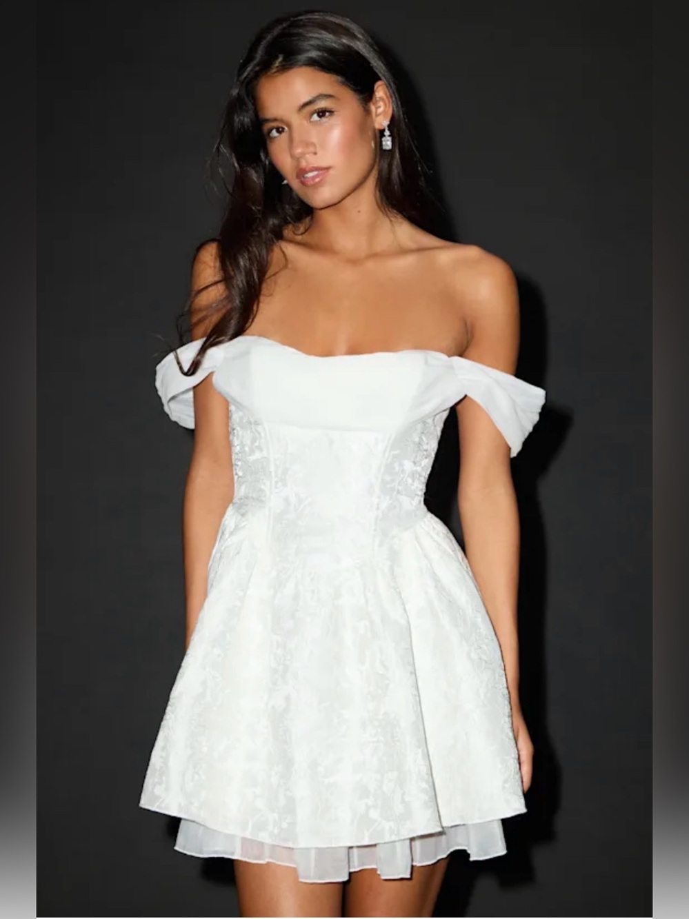 NWT Lulu's KALARA White Floral Jacquard Corset Off Shoulder Mini Dress Small
